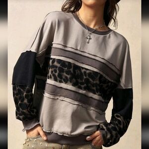SHEIN Black and Gray Colorblock Leopard Sweatshirt